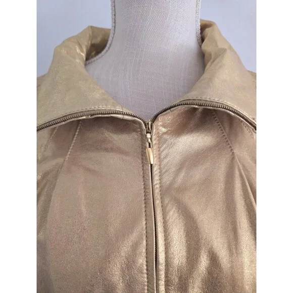 St John Gold Metallic Lambs Leather Silk 80s Retro Shimmer Bomber Zip Jacket M